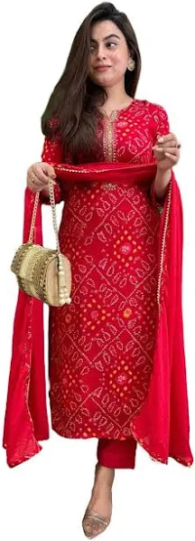 GoSriKi Women's Rayon Viscose Straight Bandhej Printed Kurta with Pant & Dupatta